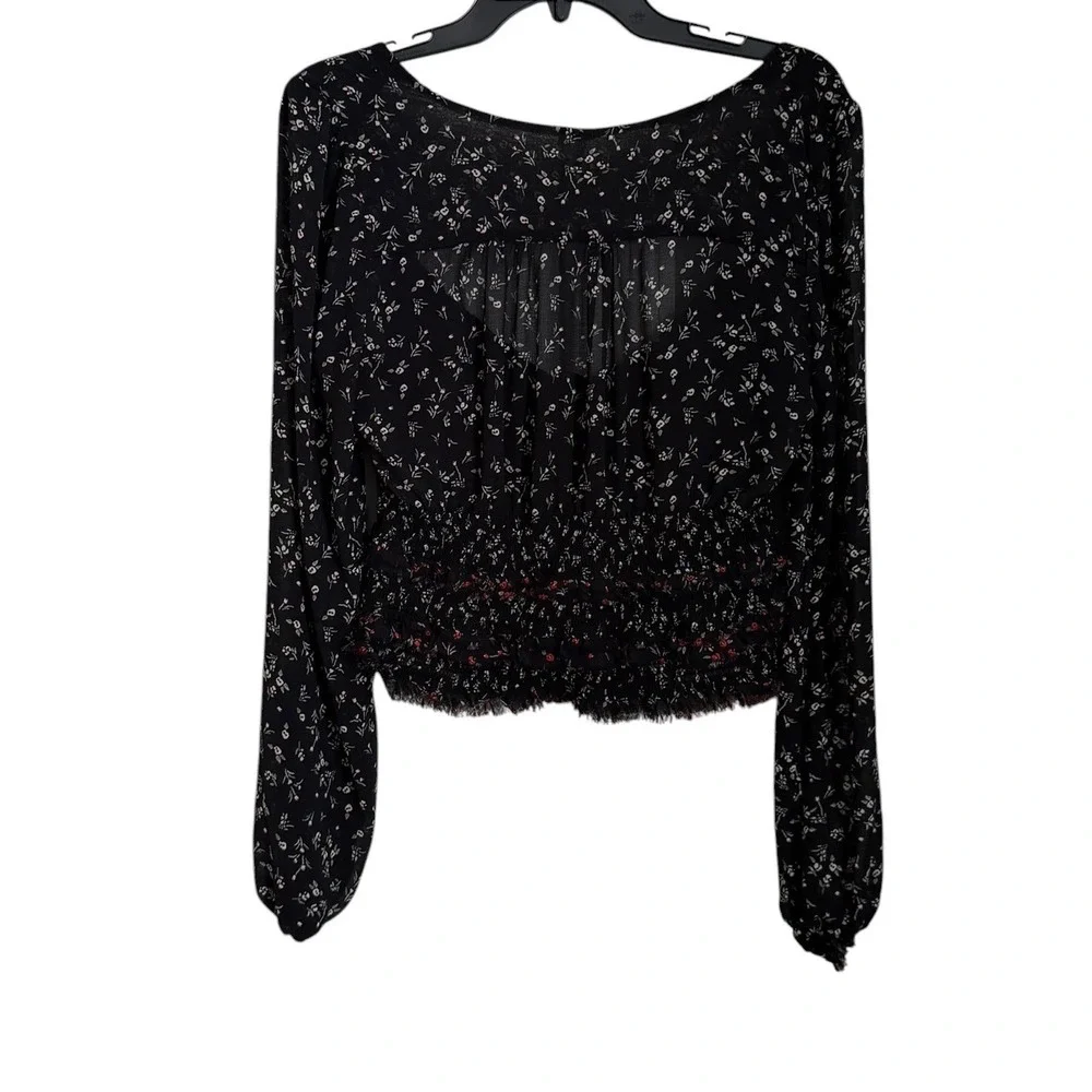 Free People Lolita Floral Blouse Top Womens Size L Black Coquette Milkmaid Boho